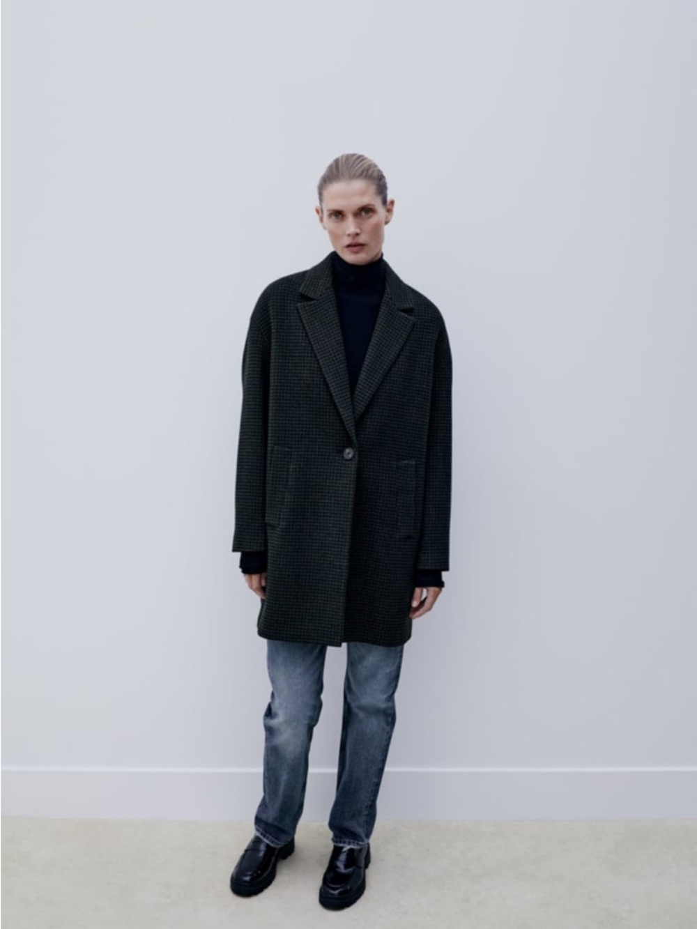 Zara Dark Green Houndstooth Single-Button Wool Blend Coat Women